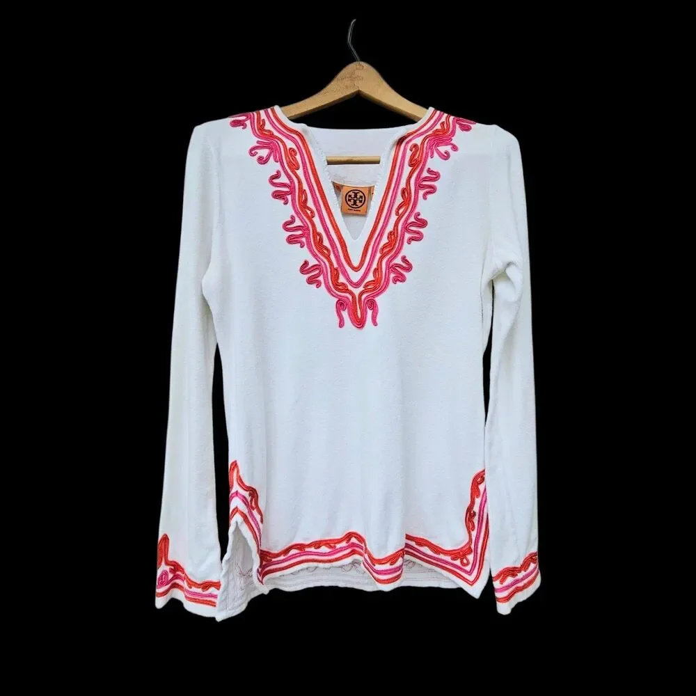 TORY BURCH Cotton Terry Cloth White Tunic Shirt Beach Pool Cover Up S Preppy